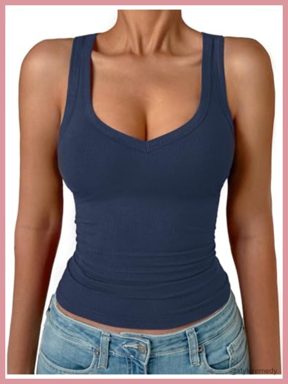 Sleeveless Tank Top Form Fitting Spaghetti Strap V Neck Ribbed Knit Basic Cami
